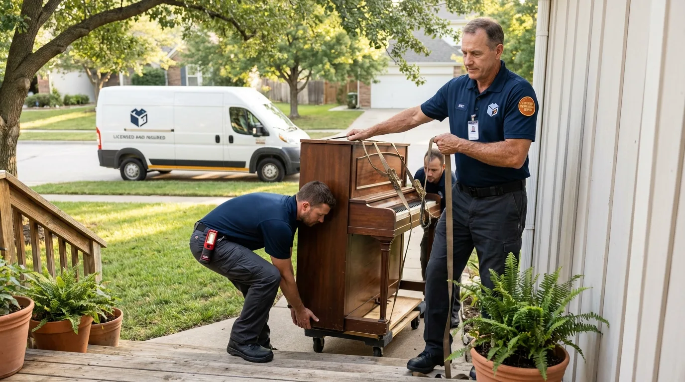 Licensed piano movers securing grand piano in Worcester, NY