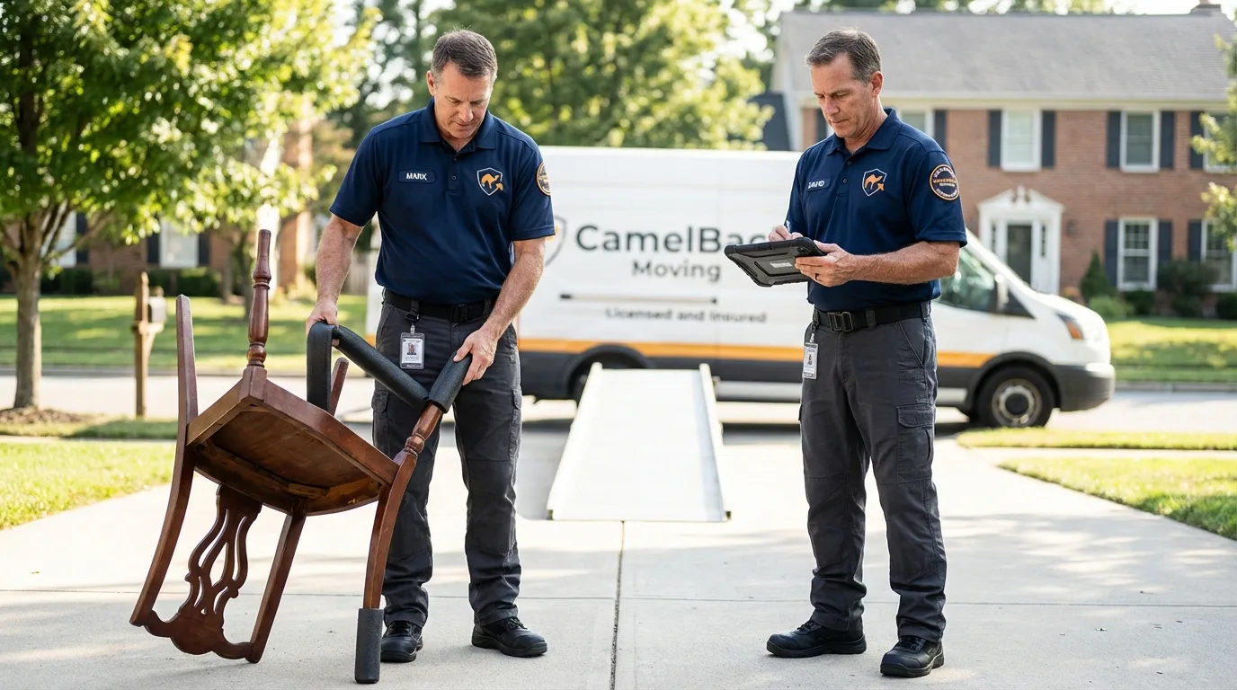 Movers inspecting furniture for damage prevention before loading in Worcester, NY