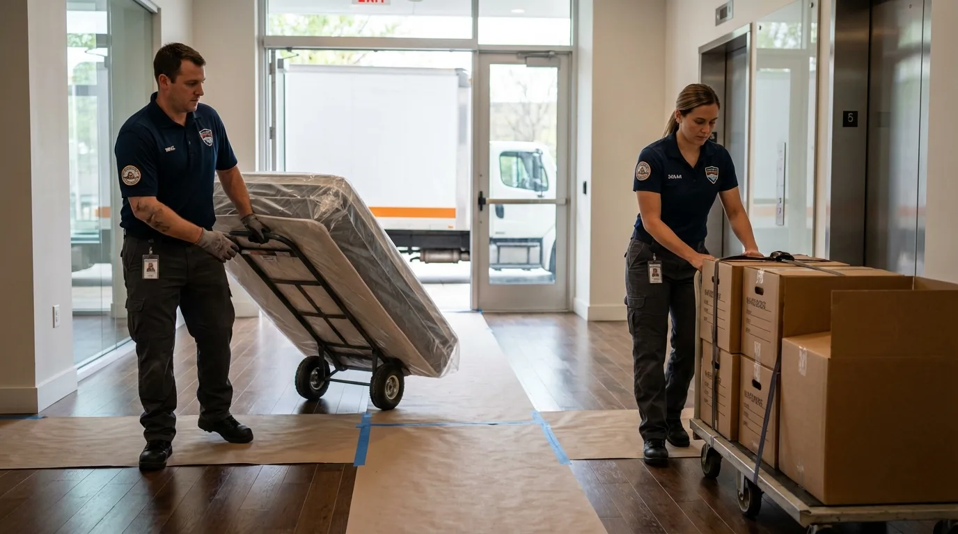 Professional apartment movers loading elevator in Worcester, NY