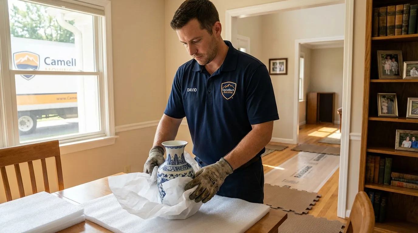Professional crew carefully wrapping antique vase for senior downsizing move in Worcester, NY